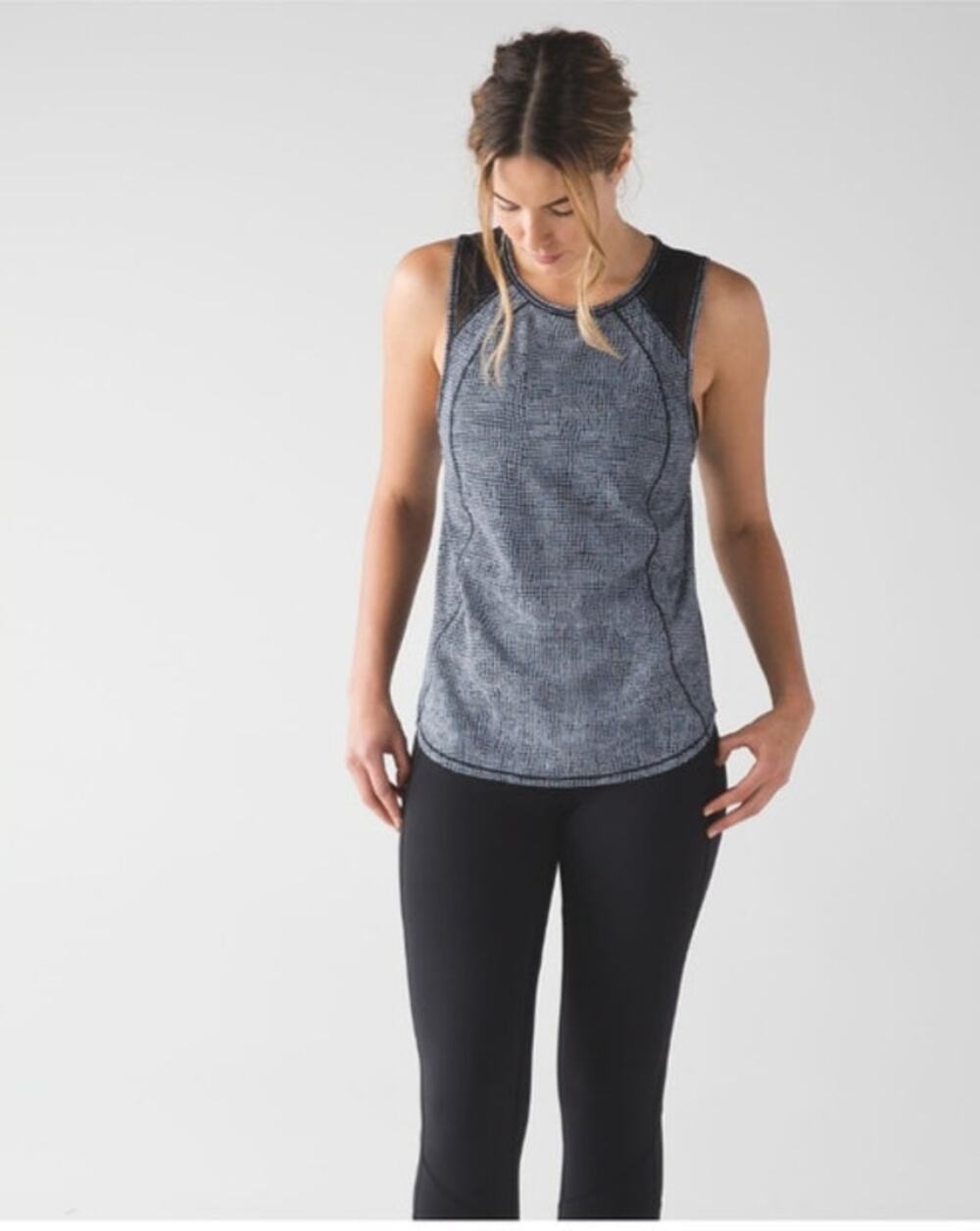 Lululemon Sculpt Tank Top Check Micro Grid Large Gray Black Mesh Cutout Running
